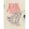 thumbnail image 5 of Aojekbee Little Girls 2PCS Pants Sets Flying Sleeve Button Tops Floral Print Flared Pants Sets, 5 of 10