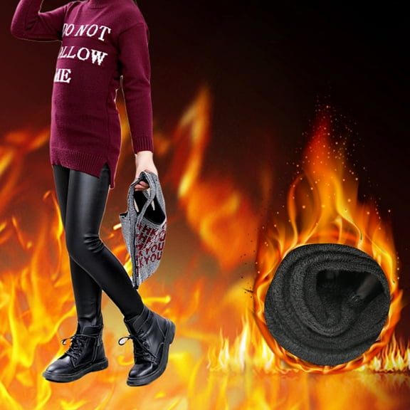 Joernso Winter Girls Faux Leather Pants Plush Liner Leggings Kids Skinny Warm Trousers