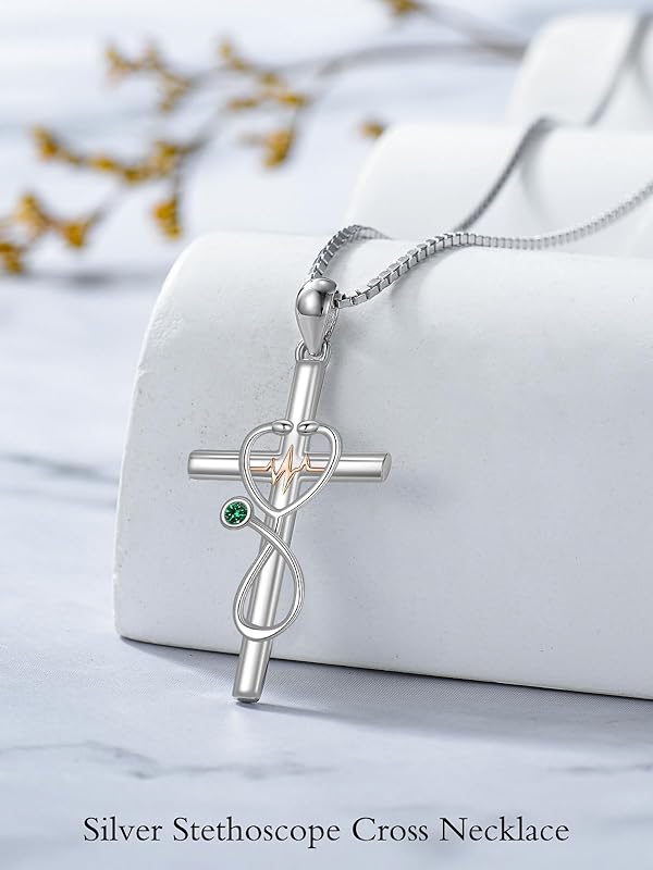 JKR Emerald Gifts for Nurse 925 Sterling Silver Stethoscope Cross Necklace for Women Nurse Birthstone Jewelry Nursing Themed Medicine Nurses Day Gifts Doctor Medical Student RN