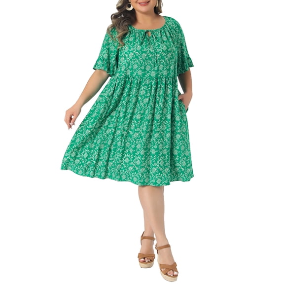 Agnes Orinda Women's Plus Size St. Patrick's Day Dresses Floral Boho Scoop Neck Tie Ruffle Short Sleeve Summer Casual Midi Dresses with Pockets 2X Green