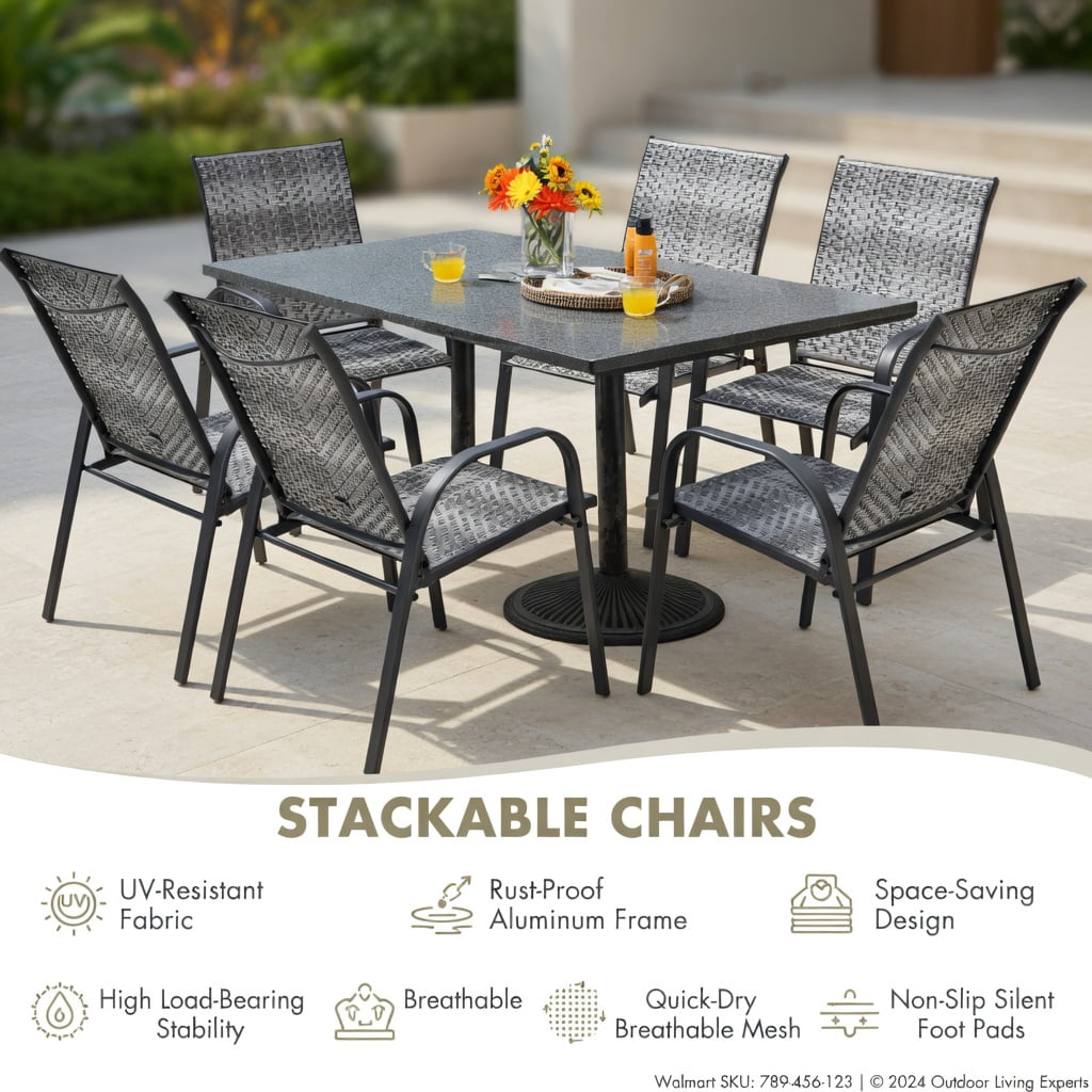 Hommoo 6-Pack Stackable Outdoor Dining Chairs, All-Weather PE Wicker & Rustproof Steel Frame, Patio, Garden & Poolside Use, Gray