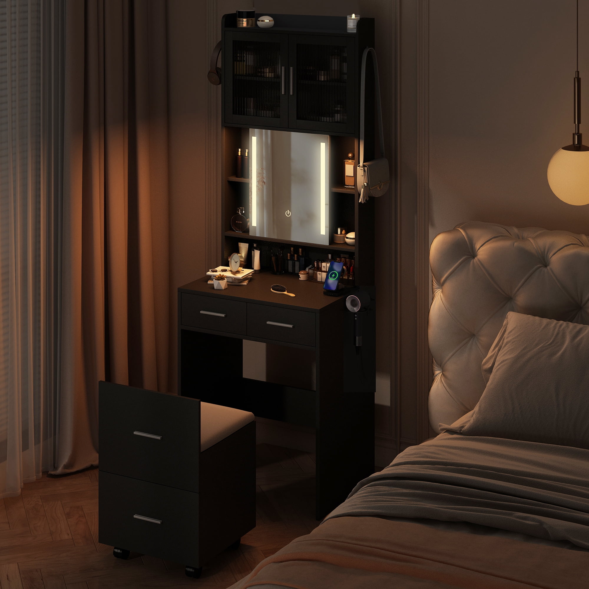 Ktaxon Makeup Vanity Table for Small Spaces, Vanity Table Set with Charging Station and Sliding Mirror, Bedroom Makeup Table, Black