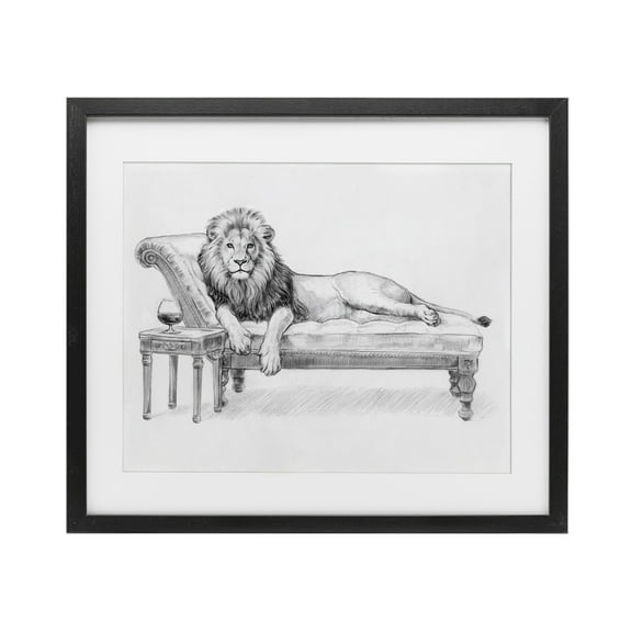 Stupell Industries Lounging Beast Lion Black Framed Print Under Glass design by Victoria Barnes, 13 x 16