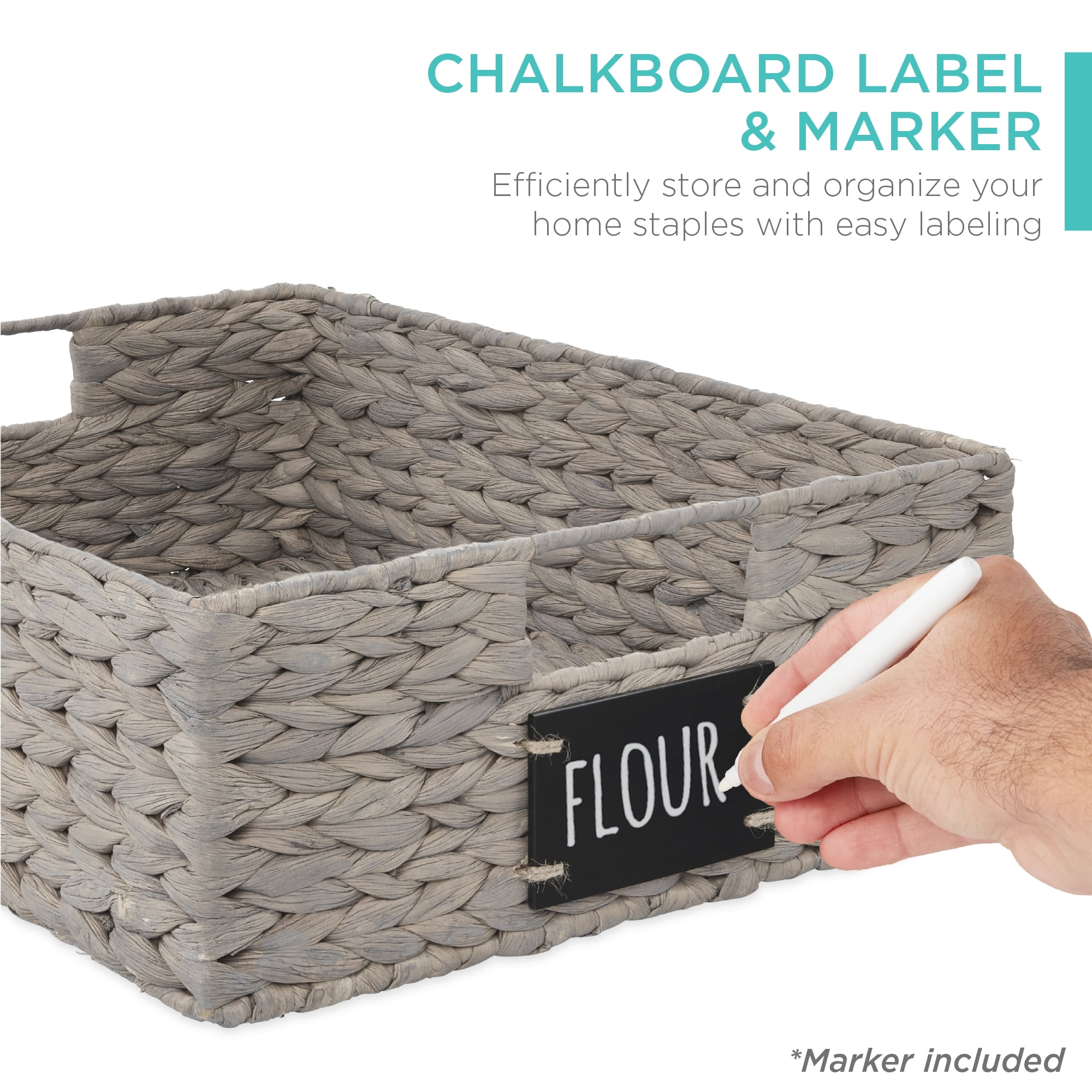 Best Choice Products Set of 4 16x12in Woven Water Hyacinth Pantry Baskets w/ Chalkboard Label, Chalk Marker - Gray