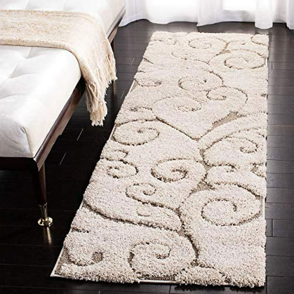 Safavieh Florida Shag Collection SG455-1113 Scrolling Vine Cream and Beige Graceful Swirl Runner (2'3" x 7')