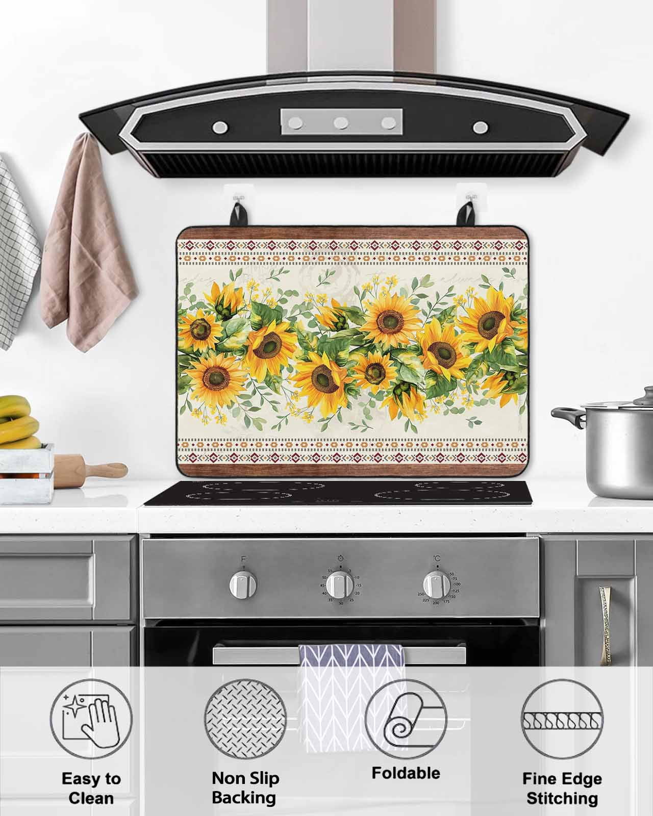 nqOlkjepod Large Induction Cooktop Protector Mat 24"x21", Sunflower Brown Stove Top Covers for Electric Stove, Retro Southwest Country Plant Leaf Floral Stove Burner Cover Mats Stove Cover