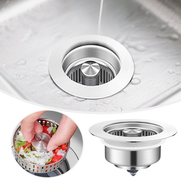 Upgraded 3-in-1 Kitchen Sink Strainer - Universal Stainless Steel Pop Up Stopper,Anti-Clogging Drain Basket,Odor Filter Plug for 3.5 Inch Sink Drain