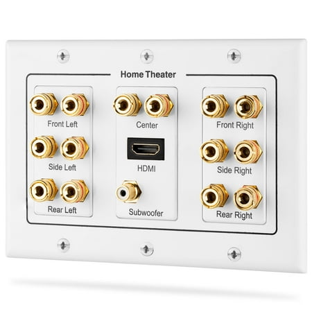 Speaker Jack Wall Plate Fosmon HD8006 3-Gang 7.1 Surround Distribution Home Theater Gold Plated Copper Banana Binding Post Coupler Type Wall Plate for 7 Speakers, 1 RCA Jack for Subwoofer & 1 HDMI Port ()