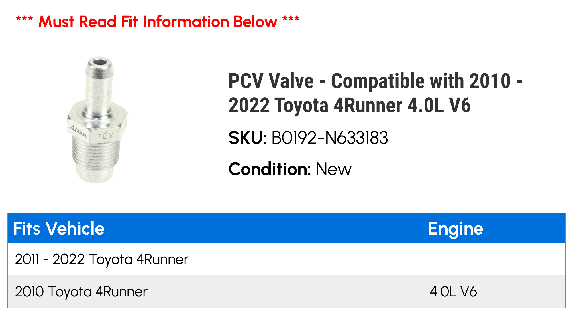 PCV Valve - Compatible with 2010 - 2022 Toyota 4Runner 4.0L V6 2011 2012 2013 2014 2015 2016 2017 2018 2019 2020 2021
