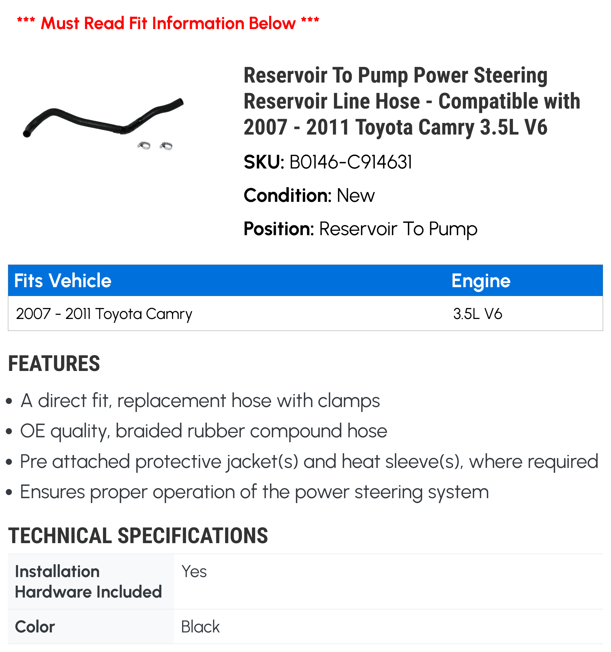 Reservoir To Pump Power Steering Reservoir Line Hose - Compatible with 2007 - 2011 Toyota Camry 3.5L V6 2008 2009 2010