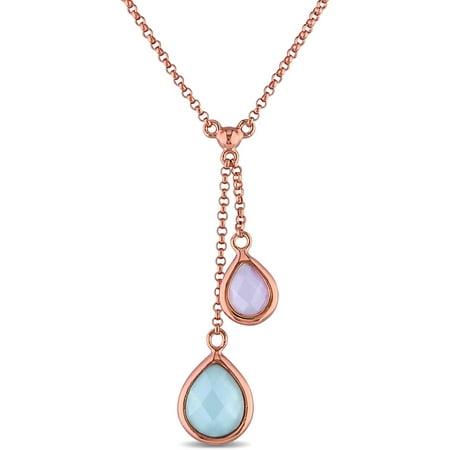 Tangelo 2-1/2 Carat T.G.W. Green and Pink Chalcedony Rose Rhodium-Plated Sterling Silver Two-Stone Drop Necklace, 16 with 1.5 Extender
