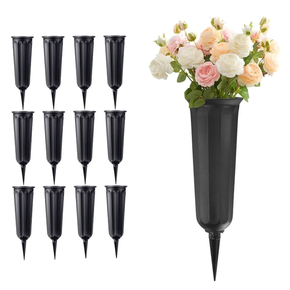 12 Pack Cemetery Vases with Spikes, Black Plastic Grave Flower Holders for Outdoor Graves, Weather-Resistant Memorial Vases