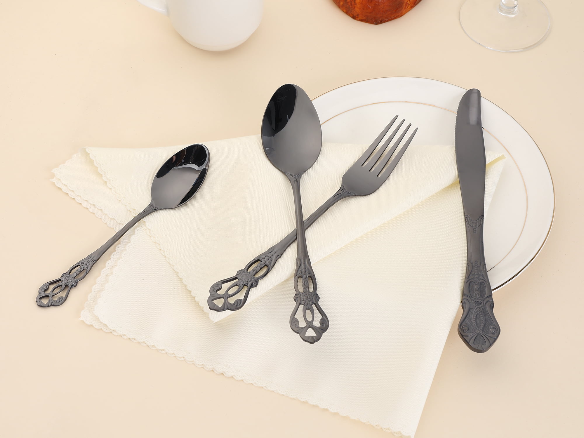 Unique Bargains 24 Pcs Silverware Set Stainless Steel Floral Flatware Set Black