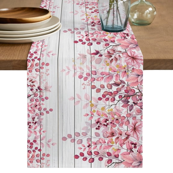 Table Runner 36 Inch Long - Pink Leaves on Retro Wood Grain Decorative Table Scarf, Vintage Botanical Dining Table Runners for Wedding Party Kitchen Dining Tables