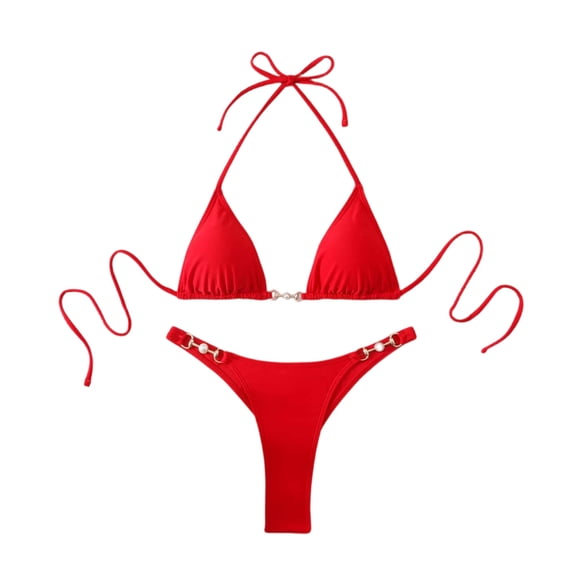 Women's 2 Piece Halter Bikini Set Metal Ring High Cut Swimsuits Beach Vacation Clothes (Red,M)