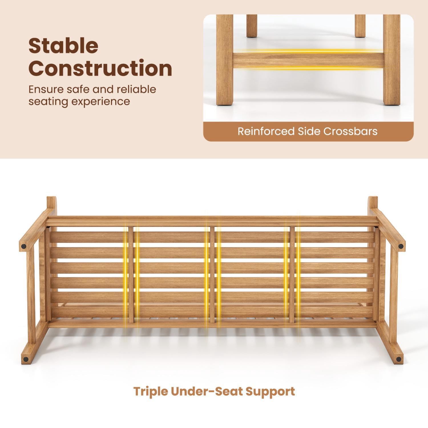 Hommoo 2-Person Patio Teak Wood Bench, Garden Slatted Loveseat Chair Bench Lounge with Armrests and Backrest for Backyard, Natural
