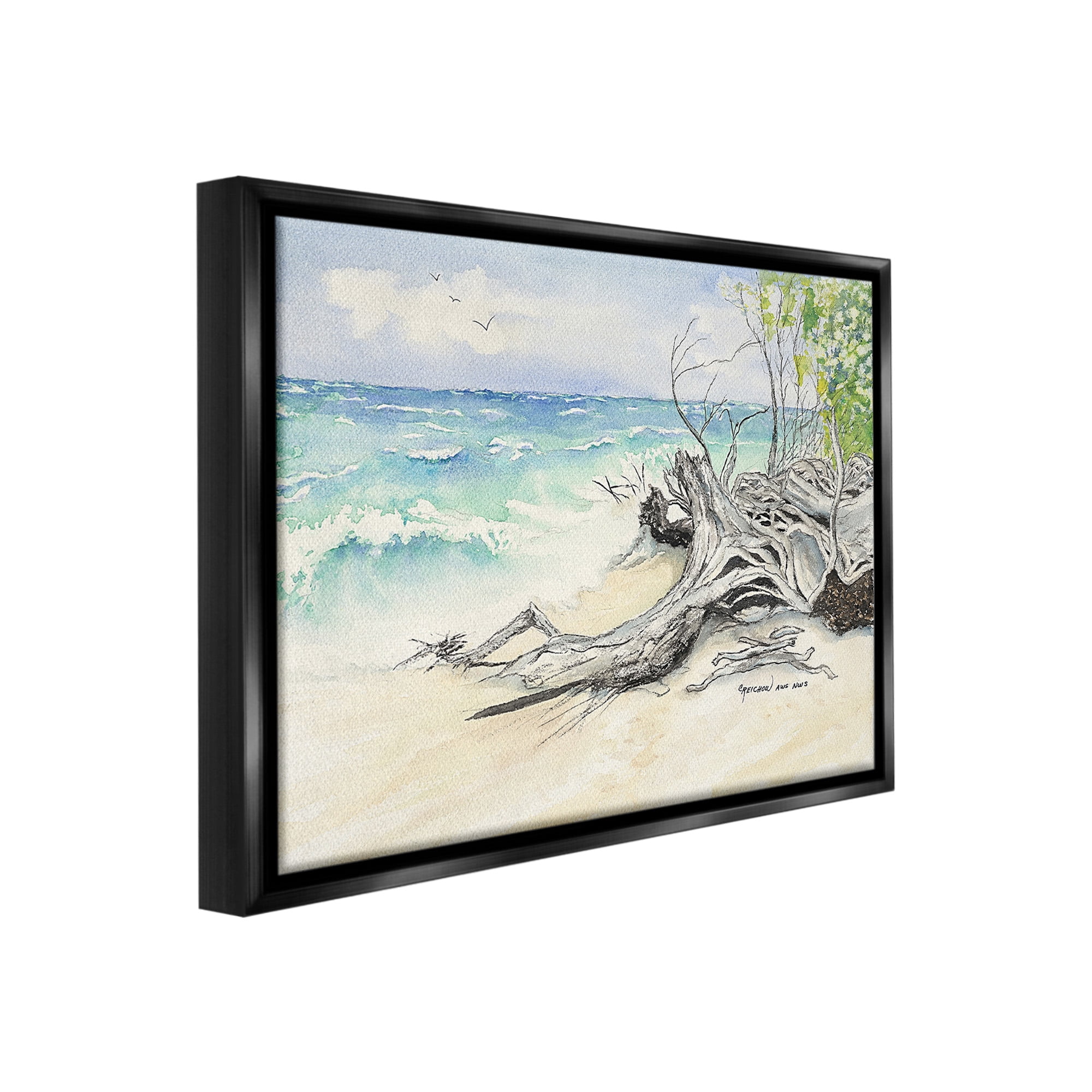 Stupell Industries Beach Driftwood Landscape Landscape Painting Black Floater Framed Canvas Art Print Wall Art, 31 x 25