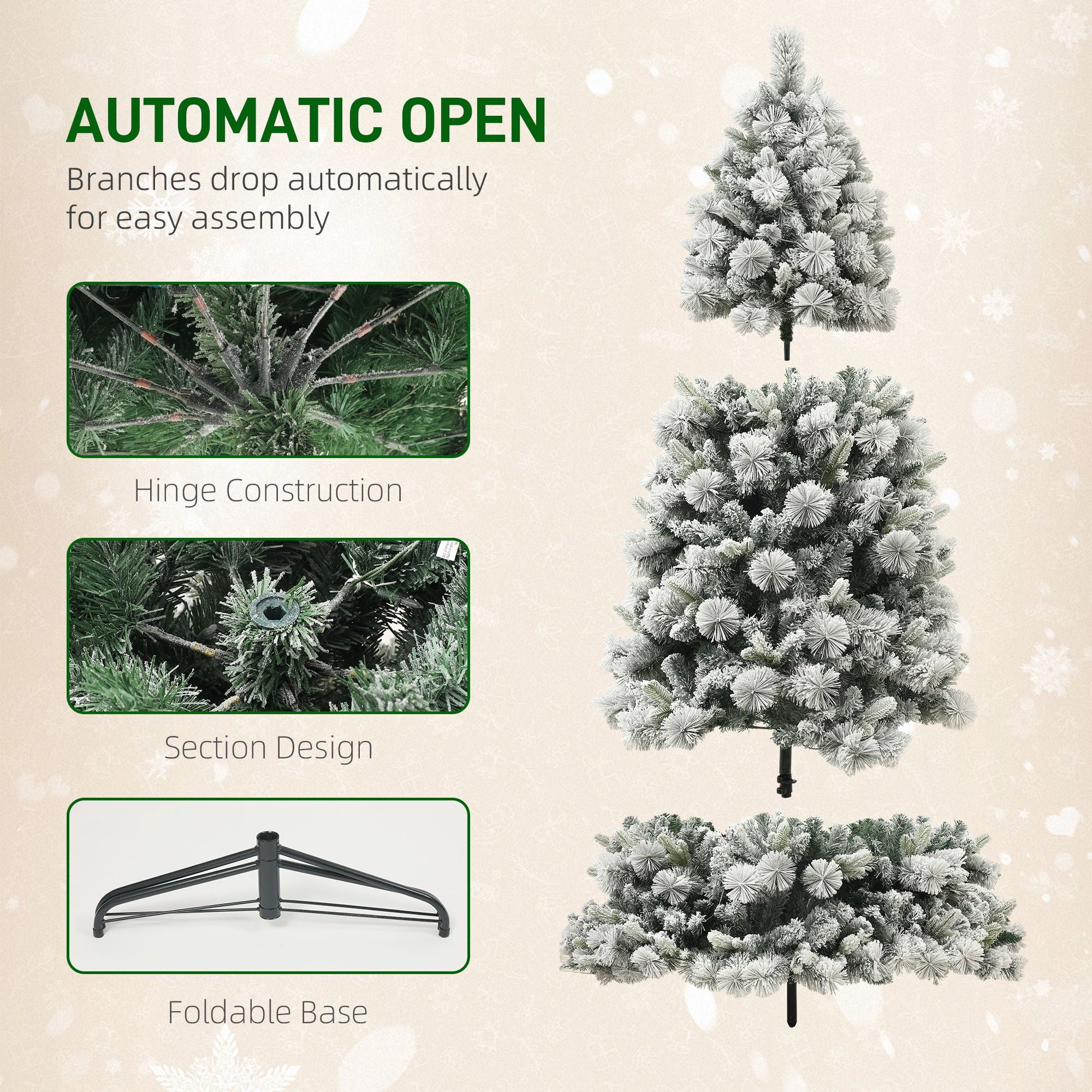 7.5 ft Prelit Flocked Christmas Tree with 500 Clear Lights, 1530 Tips, Steel Frame and Metal Stand for Indoor Holiday Display