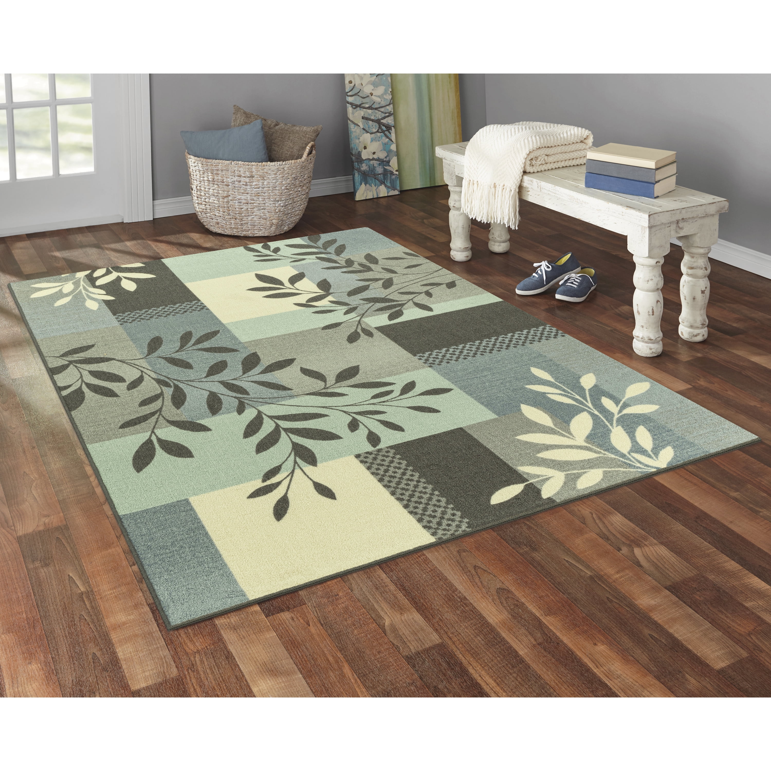 Mainstays Traditional Leaf Block Aqua Gray Print Indoor Area Rug, 7' x 10'
