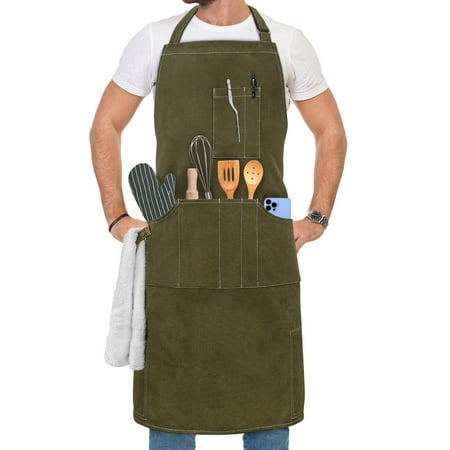 

LHWEN Chef Apron for Men and Women Unisex Canvas Kitchen Apron with Pockets Heavy Duty Cooking Grilling BBQ Baking Apron with Towel Handle Built-in Pot Holders Adjustable Fit Extra Long Straps Machine