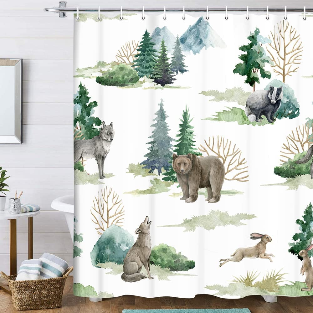 Rustic Cabin Shower Curtain for Bathroom, Watercolor Rustic Lodge
