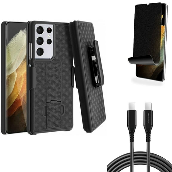 6ft Long USB-C Cable & Privacy Screen Protector & Case Belt Clip for Samsung Galaxy S21 Ultra Phone - PD Fast Charger Cord Power & TPU Film Fingerprint Works & Holster Swivel Accessory Bundle