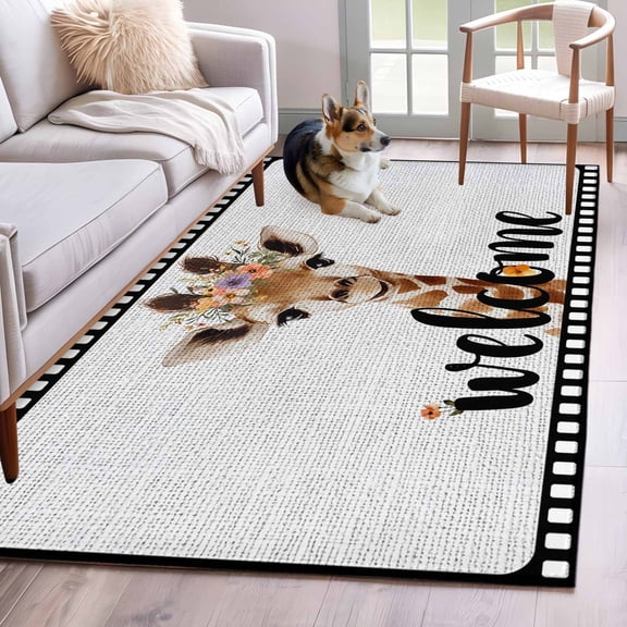 Funny Giraffe Area Rugs 4'x6', Washable Small Throw Rugs for Office Bathroom, Abstract Animal Wreath Welcome Black Gray Linen Indoor Outdoor Rug Non-Slip Low Pile Carpet Runner Reversible Floor Mats