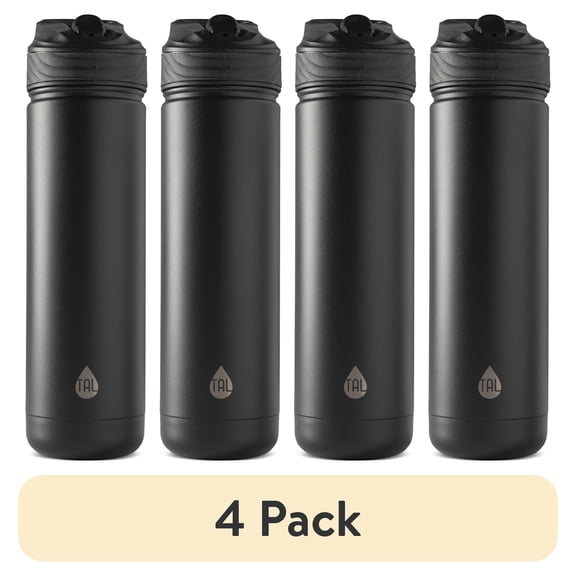 (4 pack) TAL 26oz Stainless Steel Ranger Water Bottle with Easy Sip Straw, Black
