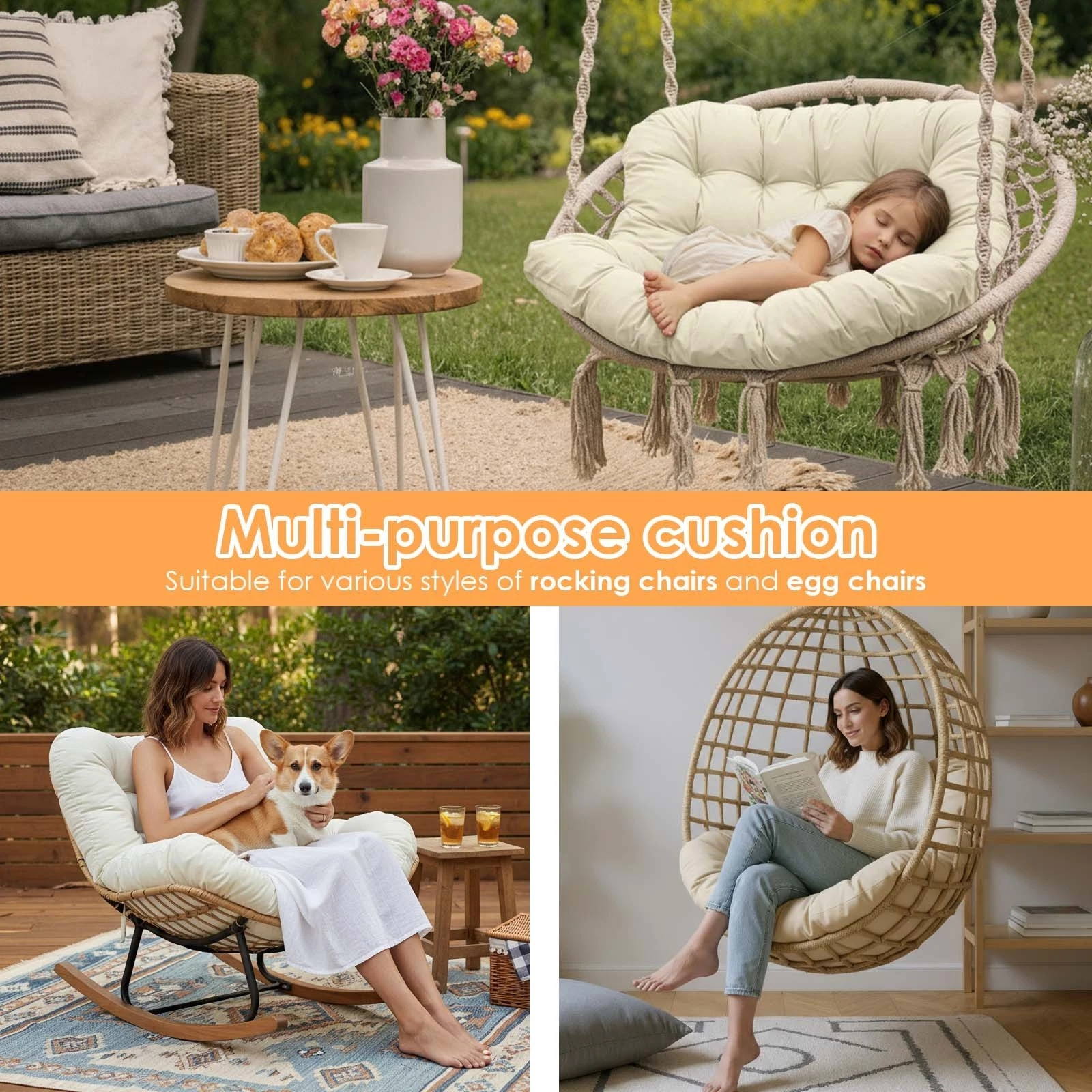 TOPCHANCES Egg Chair Cushion Only, Water-Resistant Outdoor Rocking Chair Cushion, Thick Papasan Seat Cushion with Ties for Patio, Porch, Balcony, Garden (Beige)