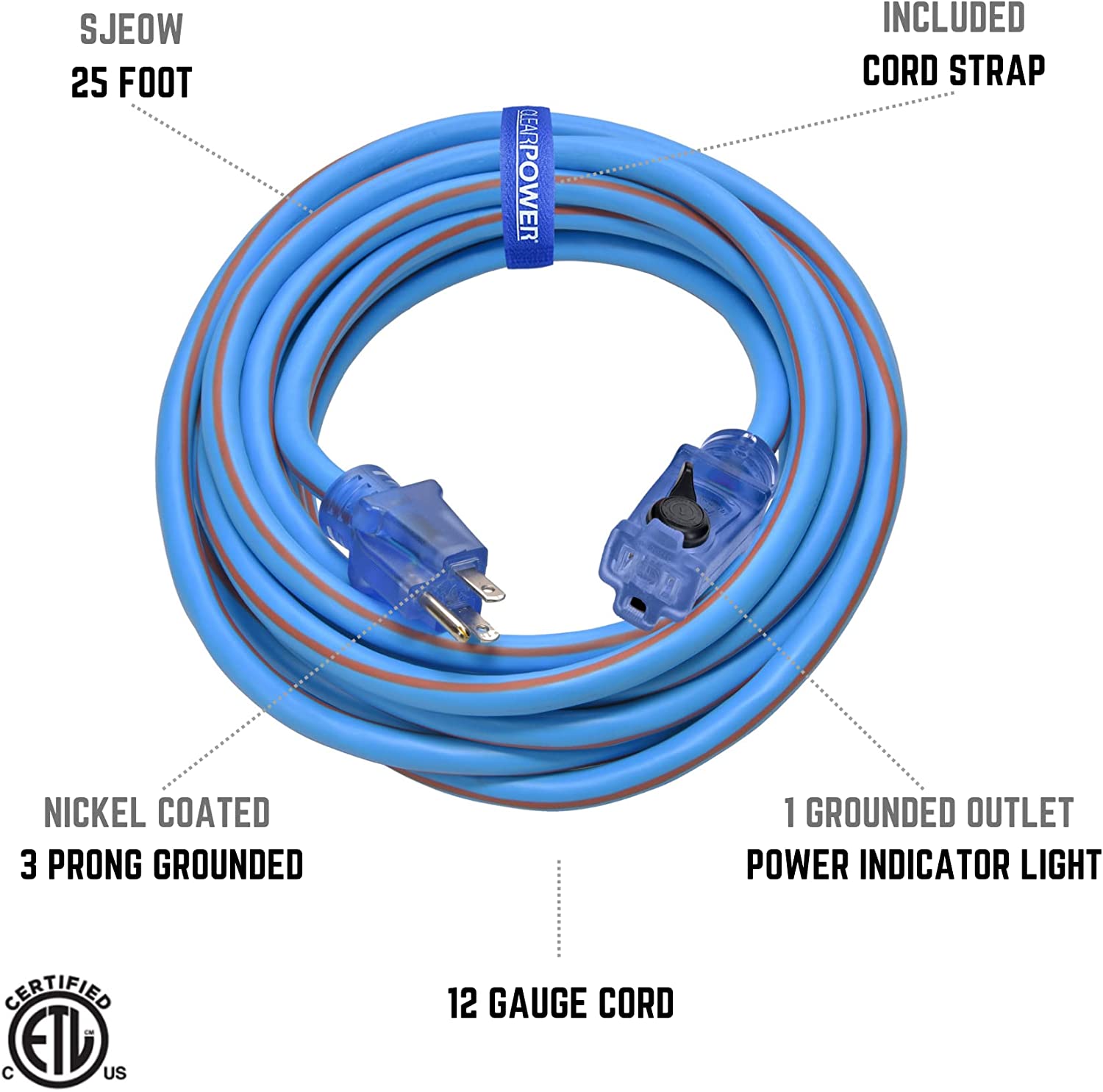 Clear Power 12/3 SJEOW 25 ft TPE Rubber Heavy Duty Extension Cord with  Lighted Locking Connector, Blue  Orange, CP10090