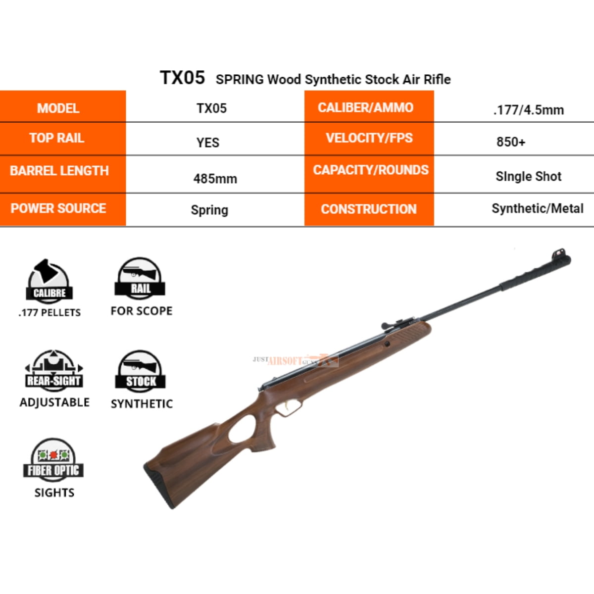 Trimex Arms Air Rifle .177 Cal Pellet Spring Power 485mm Break Barrel 700+ Fps 200 RDS 4.5mm Pellet