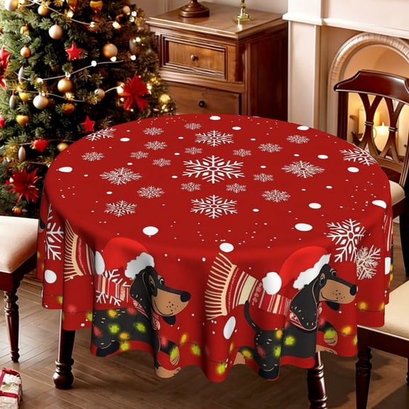 Christmas Dachshund Snowflake Red 2D Print Round Tablecloth, Holiday Cover for Kitchen Dining Room Patio Indoor Gatherings, Ideal Christmas Gift for Dog Lovers & Decor Enthusiasts