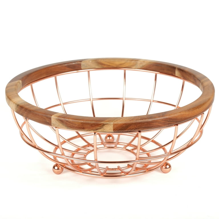 Acacia Wood and Wire Fruit Basket with Copper Finish