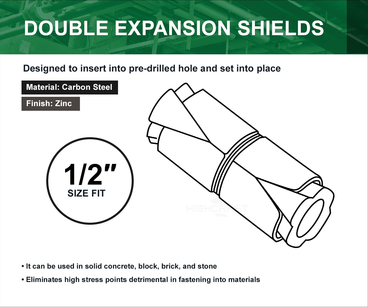 Highcraft 1/2” Double Expansion Shield, Zinc, 24 Pack