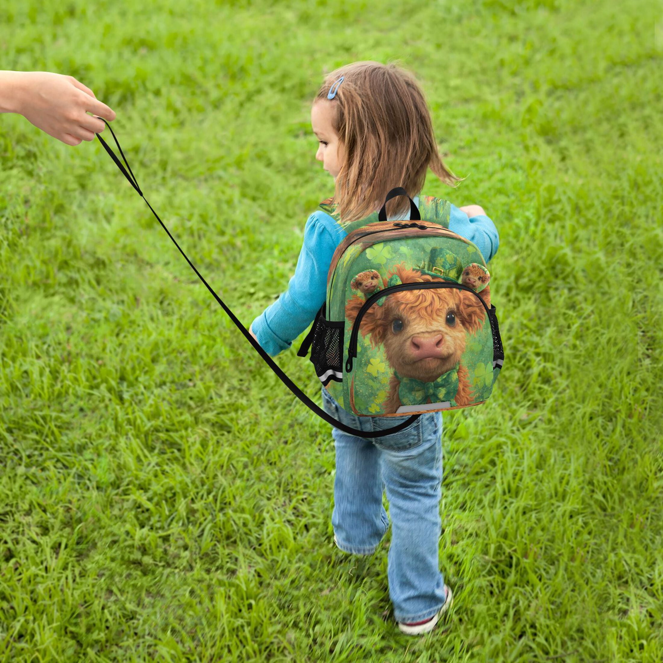 RMDQTR Adorable Ear-Print Backpack with Reflective Strip and Anti-Lost Leash Adjustable Shoulder Straps Mini Travel Backpack Shamrock Highland Cow