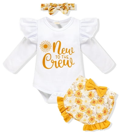 

Newborn Baby Girls Long Sleeve Romper Top Floral Print Ruffled Shorts Pants Headband 3Pcs Outfit Yellow 3-6m