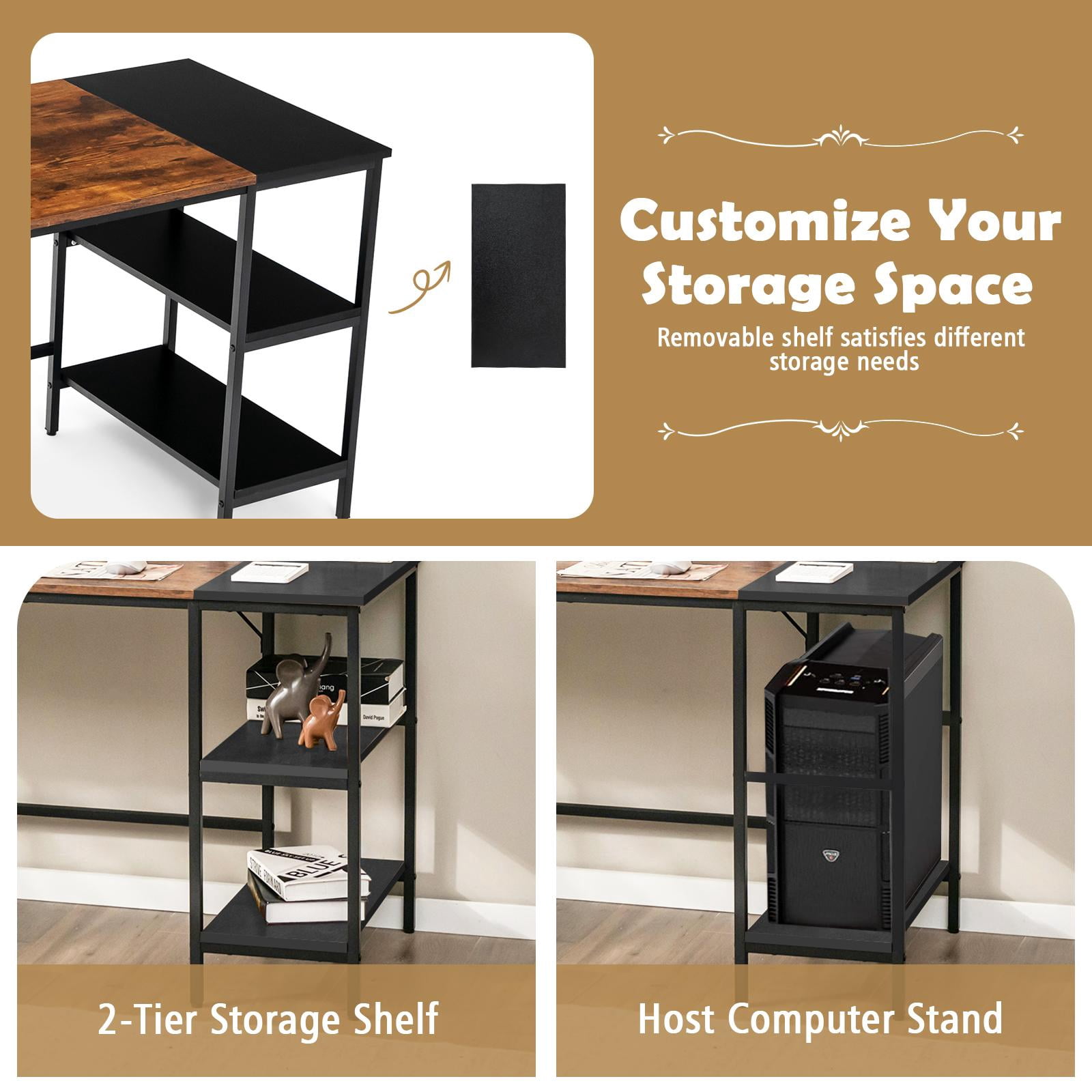 Giantex Large Computer Desk, PC Laptop Desk w/Storage Shelves, Industrial Home Office Desk for Writing, Studying, Gaming, Brown