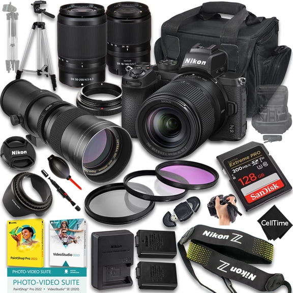 Nikon Z50 Mirrorless Camera with Z DX 18-140mm f/3.5-6.3 VR And 50-250mm f/4.5-6.3 VR & 420-800mm f/8 Lens   128 GB Memory   Extra Battery   Camera Case   More (27pc Bundle) (International Version)