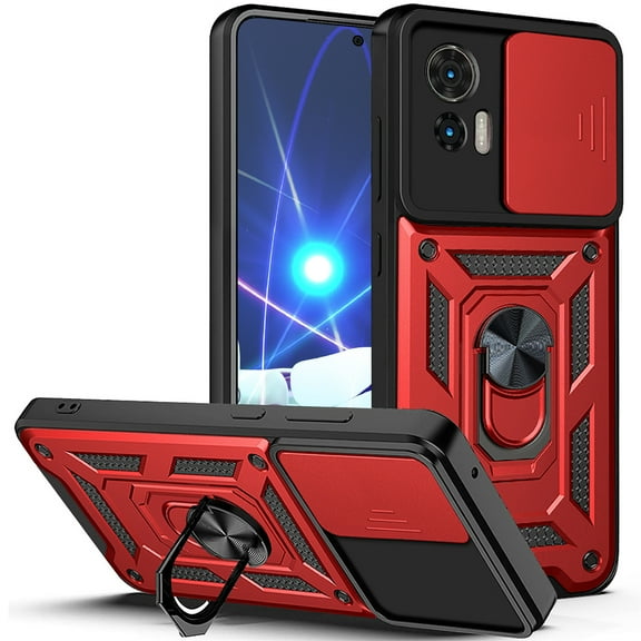 CCSmaller for Motorola Edge 30 Neo Case with Slide Camera Cover for Men, Military Grade Drop Protective Phone Cover Case with Ring Kickstand for Motorola Edge 30 Neo SJ Red