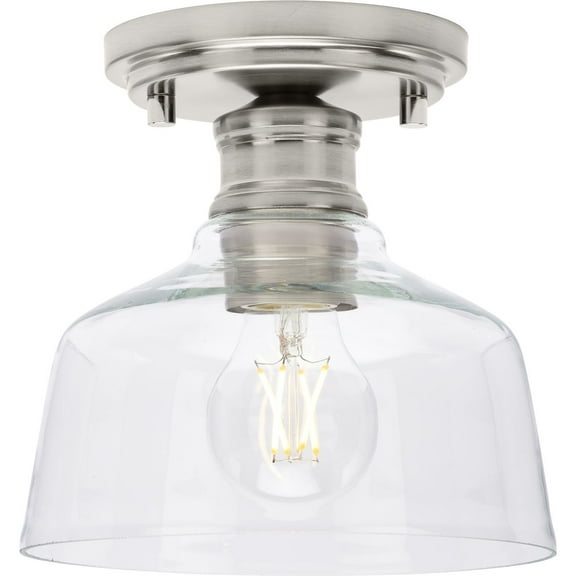 Singleton Collection One-Light 7.62" Brushed Nickel Farmhouse Small Semi-Flush Mount Light with Clear Glass Shade