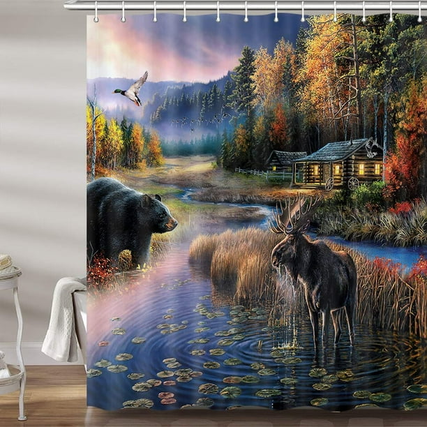 Rustic Black Bear Moose Shower Curtain, Country Hunting Mountain Forest