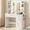 36" White, variant on Kromapolis 36" Fluted Vanity Desk with Adjustable LED Lights & Charging Station, 4 Drawers Makeup Table with Tempered Glass Top, 8 Open Shelves, Hair Dryer Holder for Bedroom, White