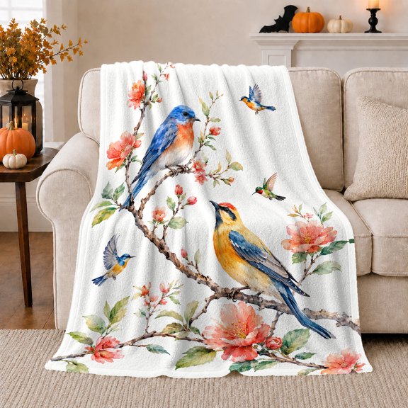 Autumn Birds Blooming Branches, Peaceful Bird Art Scene, Warm Flannel Blanket for Living Room and Reading Nook, Bird Lovers Thanksgiving Gift, Artistic Home Decor