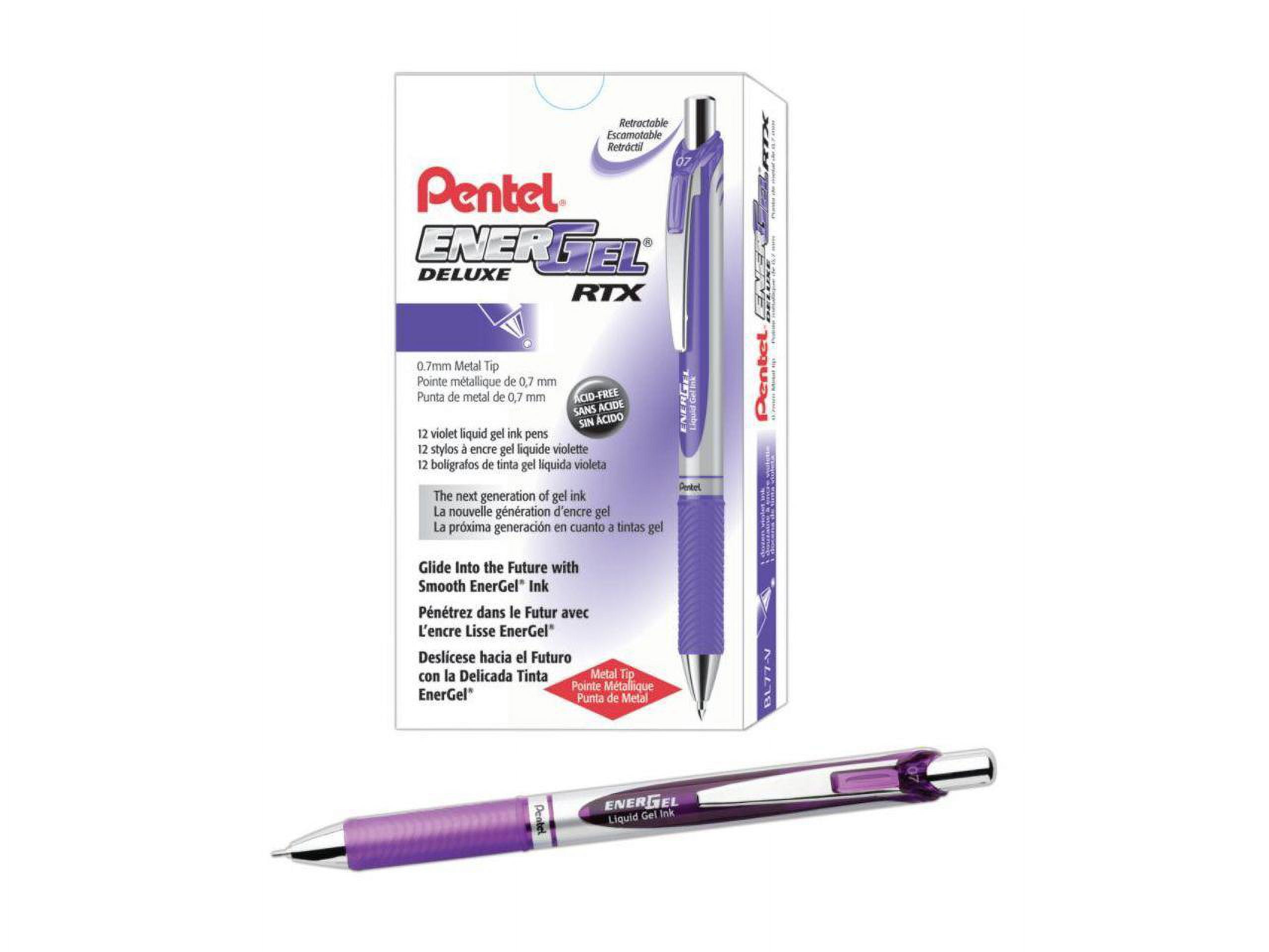Pentel® EnerGel™ Retractable Liquid Gel Pens, Medium Point, 0.7 mm, Silver Barrel, Violet Ink, Pack Of 12