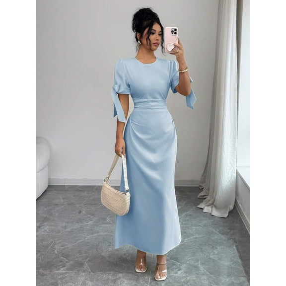 Blue Summer Womens Solid Color Round Neck Petal Sleeve Elegant Maxi Dress