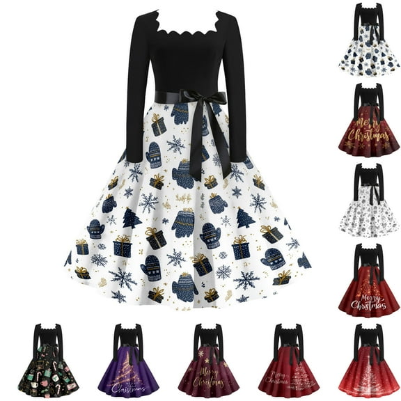 Christmas Dresses for Women Women's Casual Fashion V Neck Christmas Printed Vintage Dress with Merry Christmas for Christmas Party,Black,L