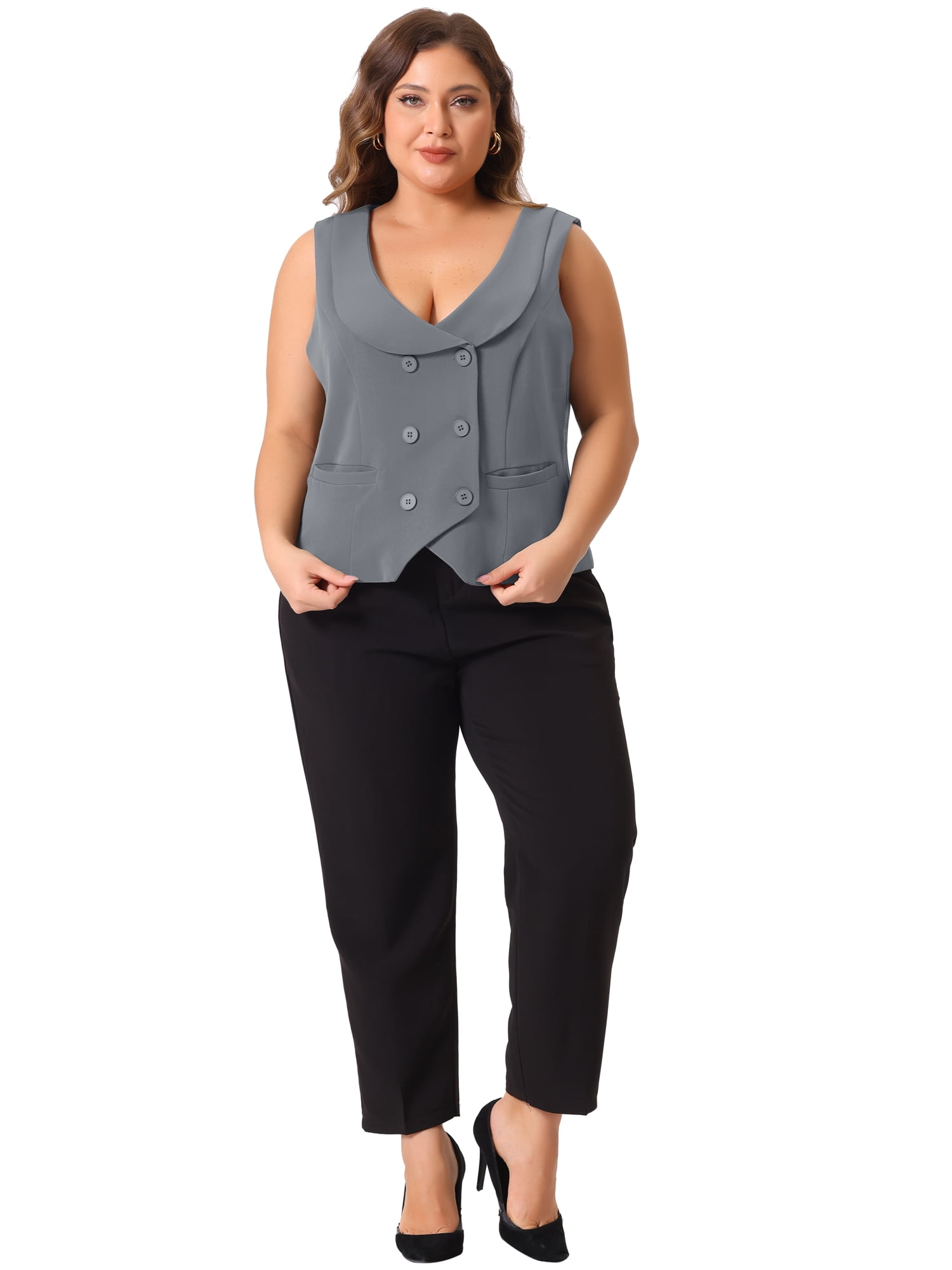 DARING DIVA Women's Plus Size Summer Double Breasted Vintage Lapel Collar Vest 3X Gray