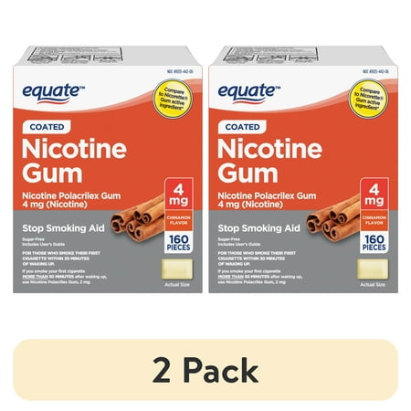 (2 pack) Equate Nicotine Polacrilex Coated Gum 4 mg, Cinnamon Flavor, Stop Smoking Aid, 160 Count, Compare to Nicorette® Gum Active Ingredient