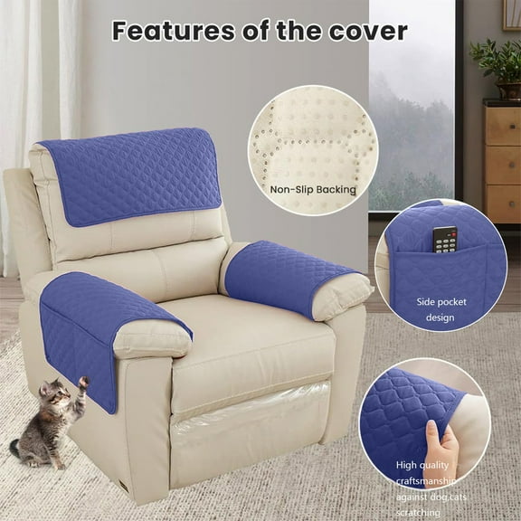 Recliner Chair Cover, Sofa Armrest Cushion Headrest with 2 Storage Pockets, Sofa Furniture Protector, Waterproof Scratch Resistive Anti-Slip Recliner Slipcovers for Dogs Cats
