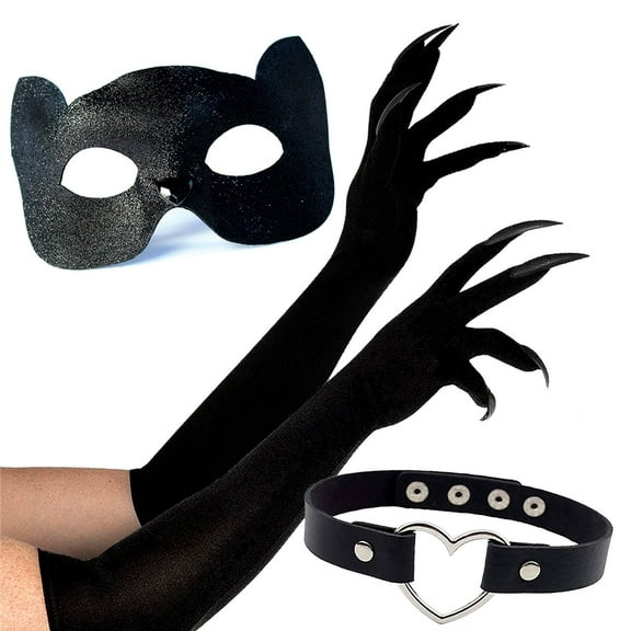 Black Cat Costume Accessories Set with Glitter Masquerade Mask, Cat Claw Gloves and a Faux Leather Heart Choker